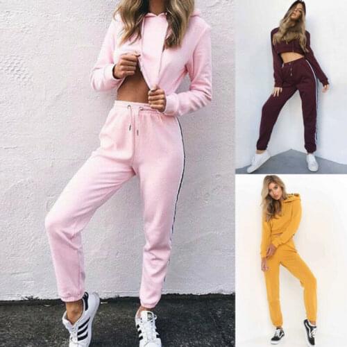 Casual Women Ladies 2Pcs Sports Hoodie Top Solid Color Lumbar Short Sweatshirt Pants Sport Tracksuit Sets