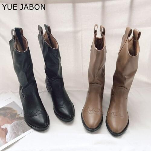 Western Boots Pointed Toe Boots Women High Heel Mid-Calf Bota Feminina Woman Fashion Wild Retro Waterproof Motorcycle Boots