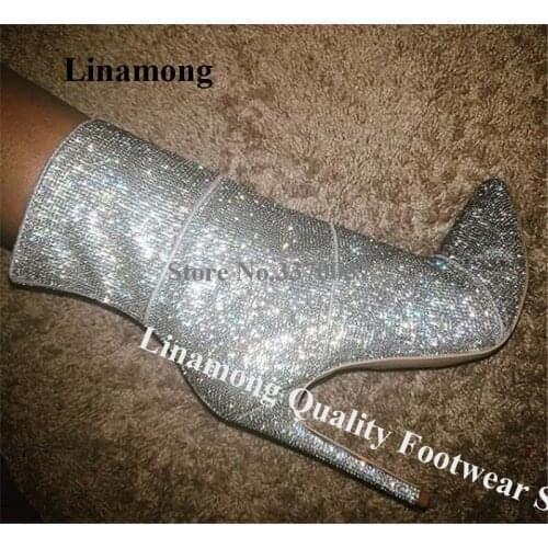 Linamong Bling Bling Shining Pointed Toe Rhinestone Stiletto Heel Short Boots Silver Crystal Ankle Booties Wedding Dress Heels