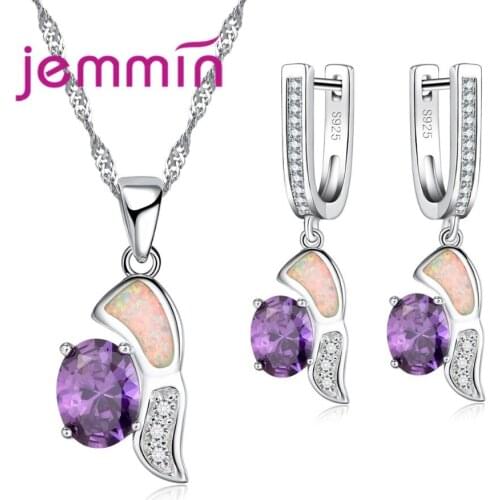 Origial Design Fine Austrian Crystal Pendant Necklaces Dangle Earrings Set For Wedding Women925 Silver Opal Jewelry Sets