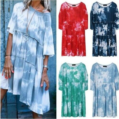 Women Summer Beach Maxi Dress Printed Casual Loose Crewneck Half-sleeve Robe New