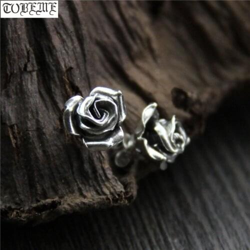 Handcrafted 100% 925 Silver Rose Flower Stud Earrings Thailand 925 Sterling Women Earrings Vintage Silver Bohemia Earrings