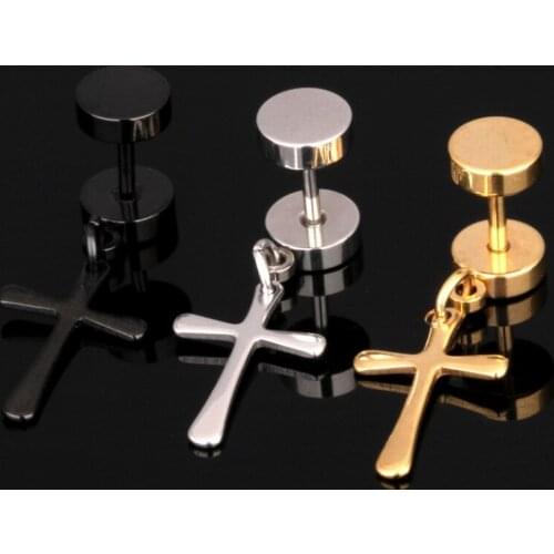 Hot Sale Titanium Steel Cross Punk Hip Hop Rock Round Tide Dumbbell Stud Earrings Male Jewelry Fashion Charm Statement Gift