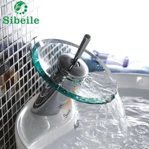 SBLE Bathroom Glass Edge Waterfall Basin Deck Mounted Sink Mixer Tap Faucet Chrome Polished Faucet Tap With Water Inlet Pipe