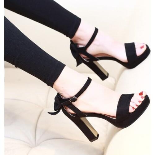 Summer New Ladies Pumps Butterfly-Knot Thick Heel Waterproof Platform Suede Sandasl Super High Heel Buckle Strap Womens Sandals