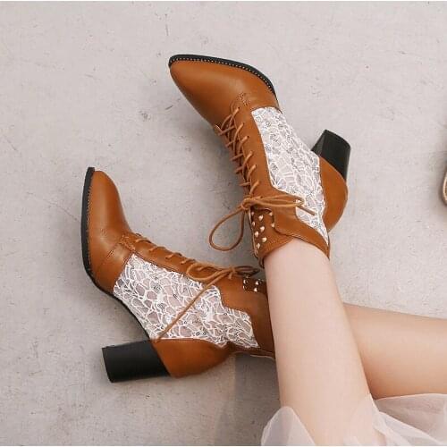 YMECHIC 2019 Fashion Lace Mesh Rivet Spring Womens Motorcycle Boots Ankle Black Yellow Cross Tied Lace Up High Heels Shoes 43