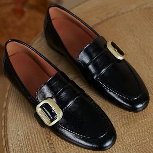 Womens genuine leather metal buckle slip-on flats loafers leisure soft comfortable sneakers casual moccasins shoes for women