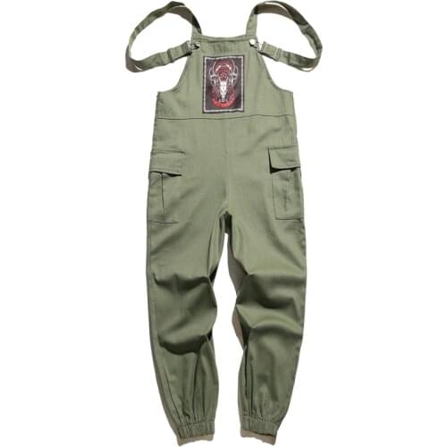 Japanese bib overalls locomotive street dance street overalls loose cotton and linen yellow pink black green