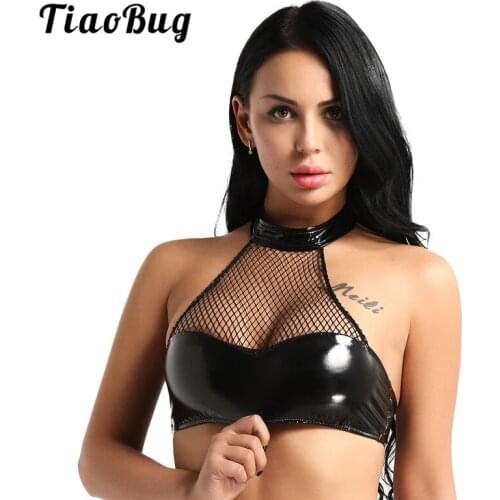 TiaoBug Women Black Halter Crop Top Fishnet Faux Leather Wire-free Unlined Bra Tops Sexy Female Club Party Rave Short Tank Top