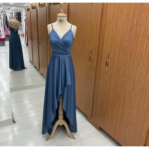 Sexy Long Pleated Top Satin Evening Dresses with Pockets High Low V-Neck Criss Cross Back Abendkleider Robes De Soirée for Women