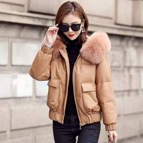 Winter Genuine Leather Jacket Women Hooded Big Fox Fur Collar Sheepskin Down Coat Short Korean Warm Chaquetas Mujer 2020 KJ3518