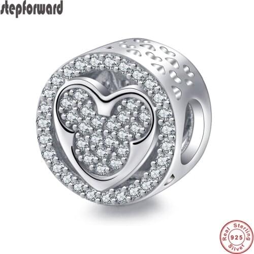 100% 925 Sterling Silver Mickey And Minnie Heart Charm Fit Bracelet Trendy Good Quality CZ Paved Gift For Women Anniversary