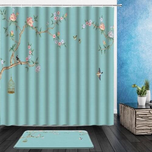 2pcs Chinese Style Shower Curtains Ink Painting Flower Bird Spring Scenery Pattern Bathroom Decor Cloth Curtain With Flannel Mat