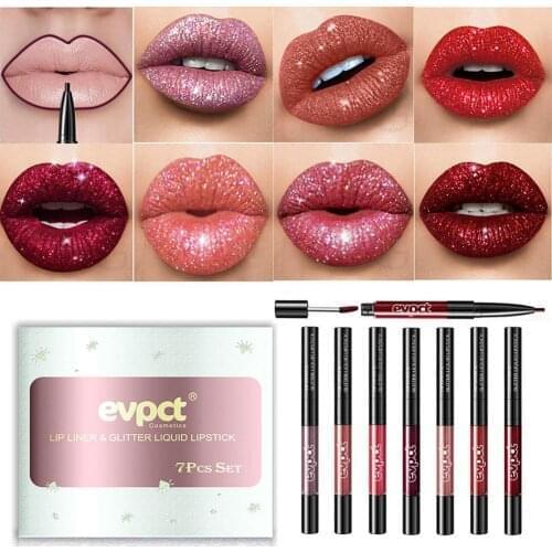 7PCS Double-headed Lip Gloss Lip Liner Pencil Diamond Glitter Lipstick Long-lasting Non-stick Cup Lip Makeup 2 In 1 Cosmetics