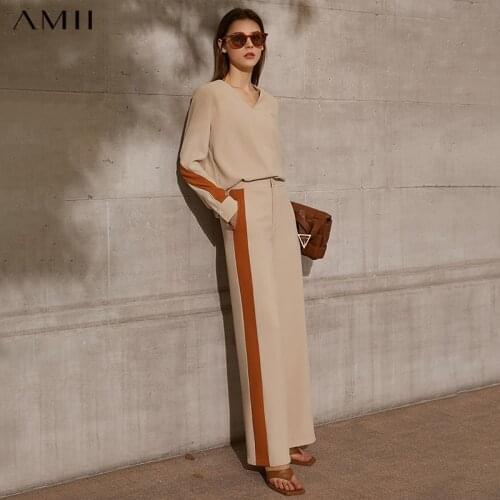 AMII Minimalism Summer Blouse For Women Fashion Vneck Patchwork Womens Shirt Causal High Waist Loose Womens Pants 12130088