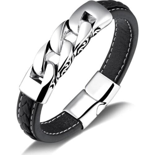 Punk Black Braided Genuine Leather Bracelet Mens Stainless Steel Bangle For Men Jewelry Vintage Charm Magnetic Buckle