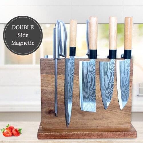 Wood Magnetic Knife Block Holder, Universal Stand Without Knives, Acacia, Heavy Duty Double Side Strongly Magnetic