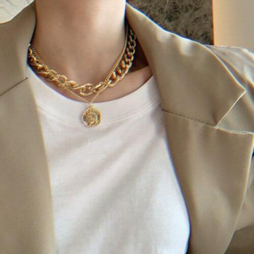 Double Layered Street Style Vintage Portrait Coind Pendant Chunky Cuban Chain Necklaces For Women Gold Choker Statemen Necklace
