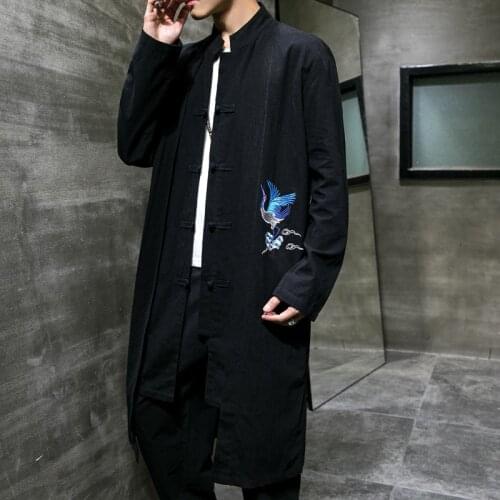 Hanfu mens Tang suit embroidery windbreaker Chinese large size male jackets casual simple long-sleeve black coat tai chi