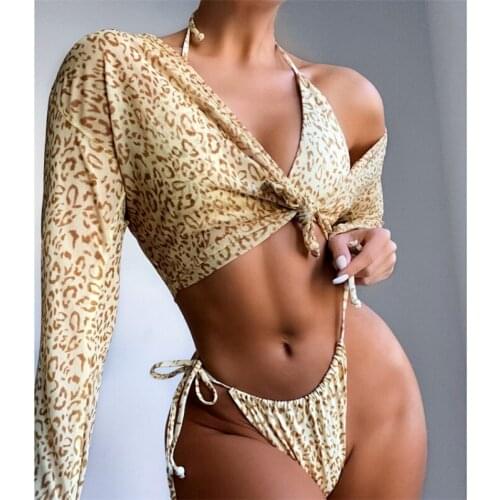 Bandage Three Piece String Bikini Swimwear Women 2021 New Leopard Print Swimsuit Female Beachwear Mesh Cover Up Swim Bather Suit