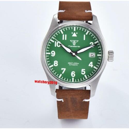 Tandorio Diving Mens Watch Japan NH35 Movement Date Green Face 200M Waterproof Rubber/Leather Strap Sapphire Glass Brush Case