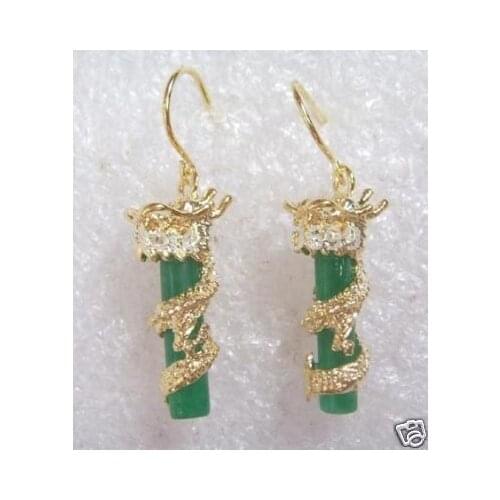 Wholesale beautiful 20*9mm green Natural jade FINE dragon plated earring