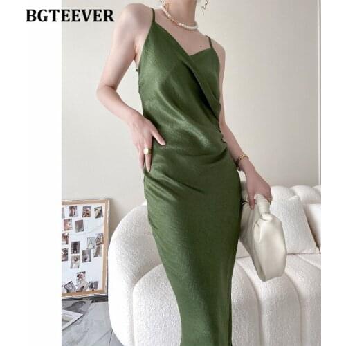 BGTEEVER Summer Chic V-neck Women Spaghetti Strap Bodycon Dress Elegant Sleeveless Slim Waist Split Female Long Dress 2021
