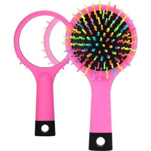 Detangling Hair Brush Rainbow Volume Anti-static ic Hair Curl Straight Massage Comb Brush with Mirror (Pink)