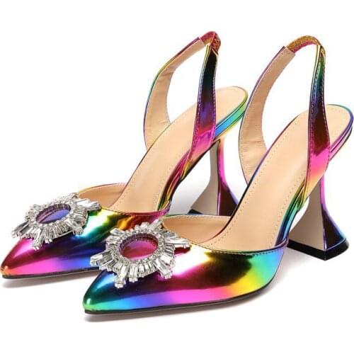 Sandals Women Rainbow Color Sandals Pointed Toe Sun Style Rhinestone High Heels Weeding Shoes Spike Heel Slingback Pumps