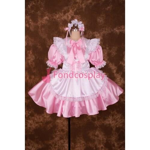 Sexy Lockable Pink Satin Lace Bowknot Sissy Maid Short Dress Cosplay Uniform[S016]