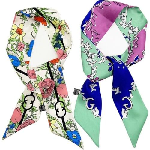 Floral Print Scarf Brand Fashion Ladies Mulberry Silk Hairband Handbag Satin Ribbon Long Narrow New Collar Scarf MR51