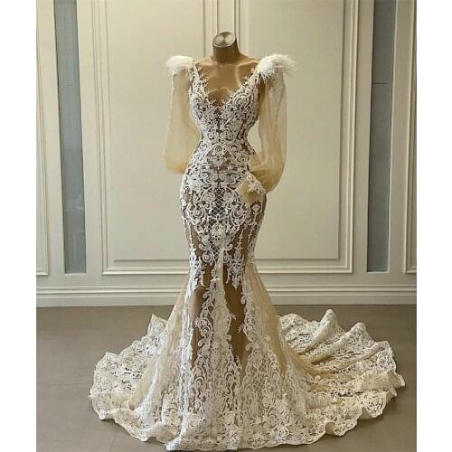 Chic Mermaid Wedding Dresses With Long Wrap Feather Beads Bridal Gowns V Neck Floral Appliques Gorgeous Dubai Custom Made Robes