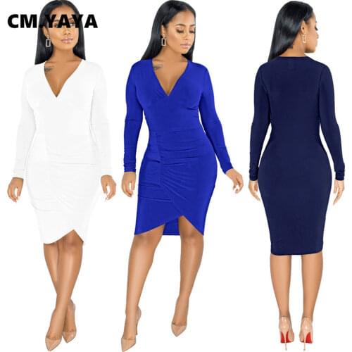 CM.YAYA Women Long Sleeve V-neck Draped Irregular Bodycon Midi Knee Length Dress Bandage Sexy Club Party Pencil Dresses Vestidos