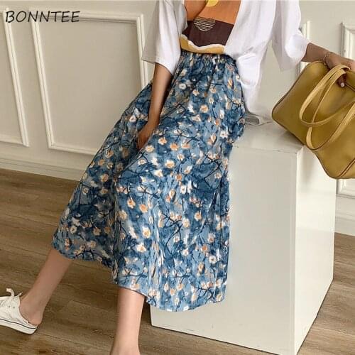 Women Skirts Print Empire Elastic Waist Female Harajuku Oil Painting Gentle Casual Stylish Holiday Preppy Mid-calf Lovely Ins