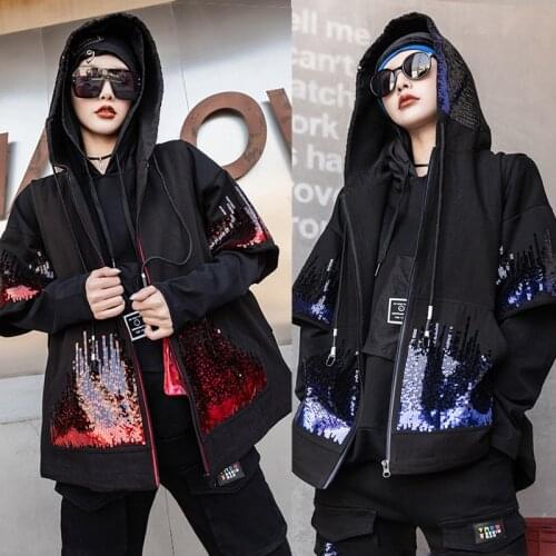 Women sequined contrast denim hooded zipper fashion cardigan vest Y658