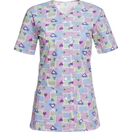 2021 new Women Animal Print Casual Short Single row buttons top Sleeve V-neck T-shirt Print nurse uniform hospital Overalls