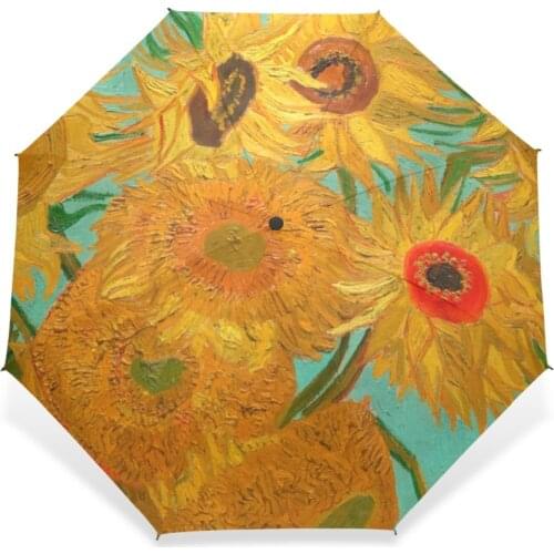 Van Gogh Sunflowers Oil Painting Sun/Rain Female Umbrella Three Folding Full Automatic Windproof Men Umbrella for Painting Lover