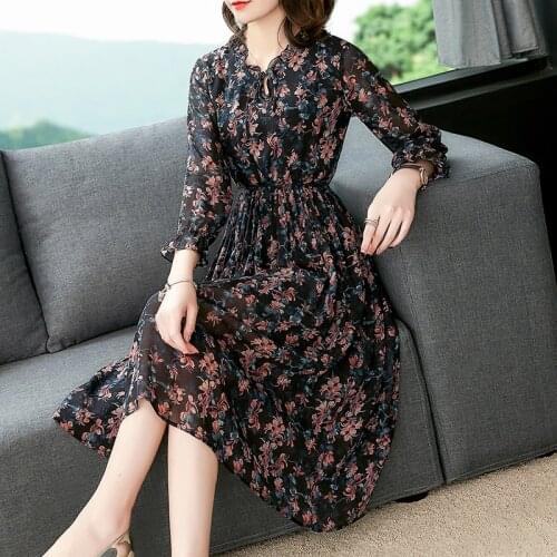 Spring Autumn Floral Mulberry Silk Elegant Midi Dress 2021 Boho Casual Party Vestidos Women Fashion Korean Bodycon Print Dresses