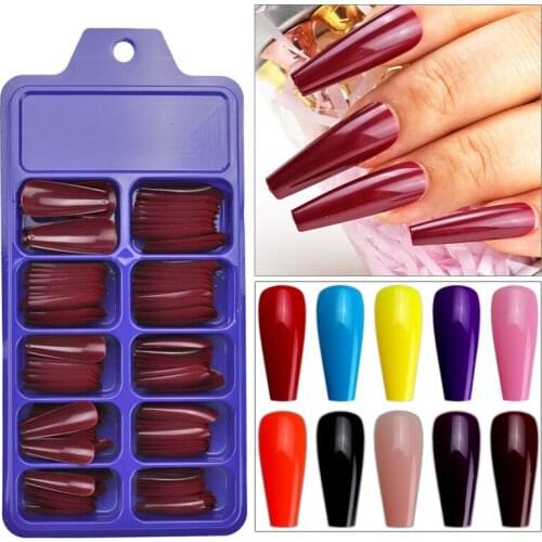 100pcs Candy Color Long Ballerina Coffin Fake Nails Tips Red Wine Purple ABS Full Cover Fasle Nails Manicure Nail Art Tips