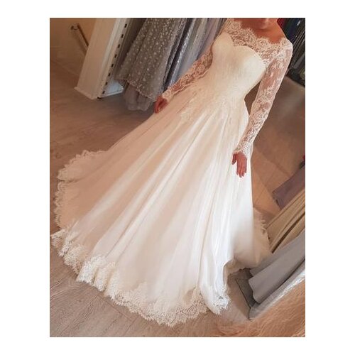 2021 Long Sleeves Lace Wedding Dresses for Bride A Line Boat Neck Bridal Gowns for Wedding Lace-up Back vestido de noiva