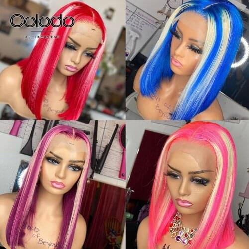 613 Blonde Highlight Wig Brazilian Remy Pink Blue Bob Wig Pre Plucked 13x4 Lace Front Human Hair Wigs with Baby Hair COLODO