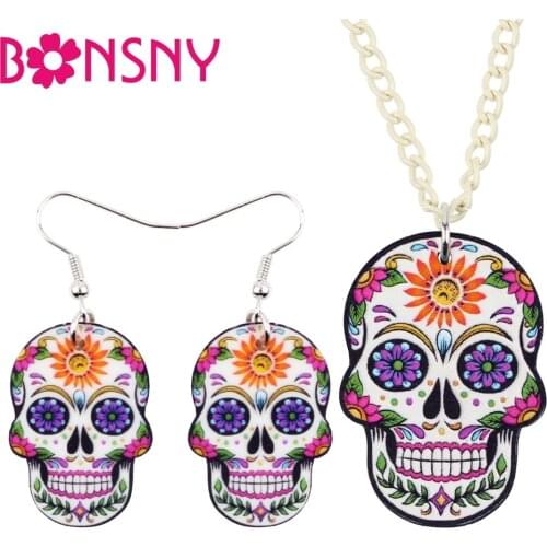 Bonsny Statement Acrylic Halloween Floral Punk Skull Earrings Necklace Jewelry Sets For Women Girls Teen Festival Gift Wholesale