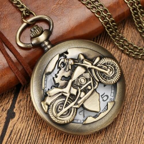 Antique Retro Bronze Motorcycle Hollow Quartz Pocket Watch Necklace Fob Chain Pendant Clock Steampunk Men Best Gift Dropshipping