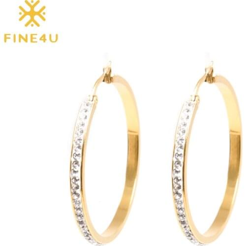 FINE4U E212 Cubic Zirconia Big Hoop Earrings Stainless Steel Hypoallergenic Hoops for Women Girls
