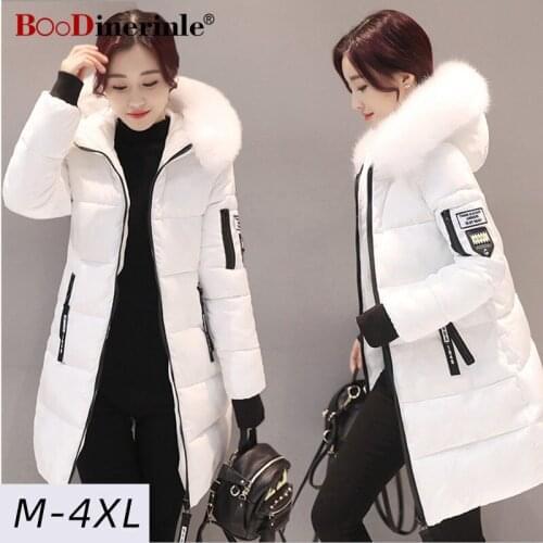 BOoDinerinle 2021 New Casual Fur Hooded Pocket Women Parkas Winter Long Style Female Overcoat Black White