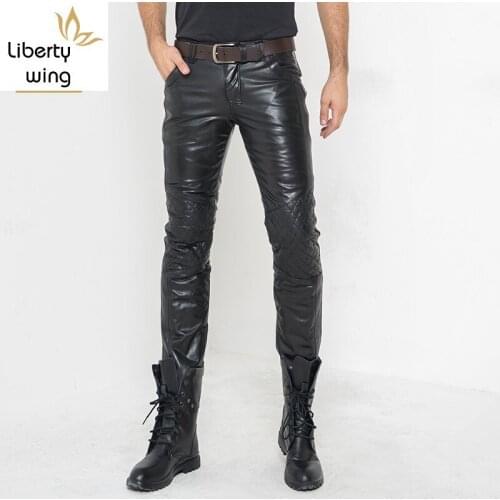 Winter Mens Fleece Lining Trousers Straight Mid Waist Heavyweight Zipper Real Leather Full Length Pencil Pants Casual Biker Man