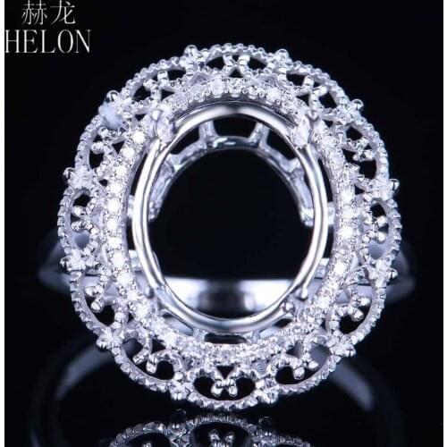 HELON Oval 9X11mm Sterling Silver 925 Pave 0.15ct Natural Diamonds Engagement Semi Mount Ring Setting Filigree Halo Fine Jewelry