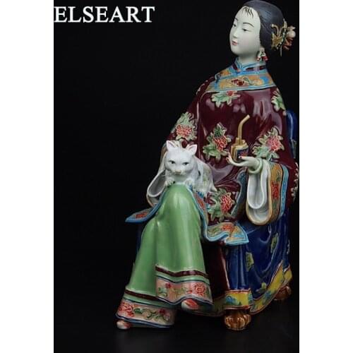 Painted ceramic chinese retro woman with tobacco pipe and cat sculpture statue figurine art and craft decoation