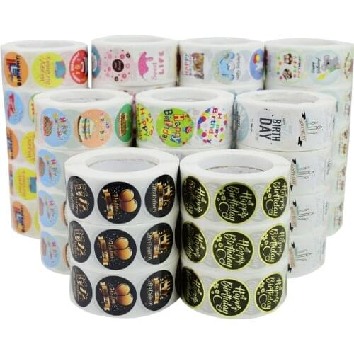 500Pcs/Roll Happy Birthday Round Stickers Gift Packaging Seal Labels For Candy Cake Box Scrapbooking Decoration