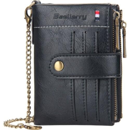 Multi-function Short Card Wallet Men Luxury Retro Small Purses Zipper Card Holder Coin Purse Vintage Leather Wallets With Chain